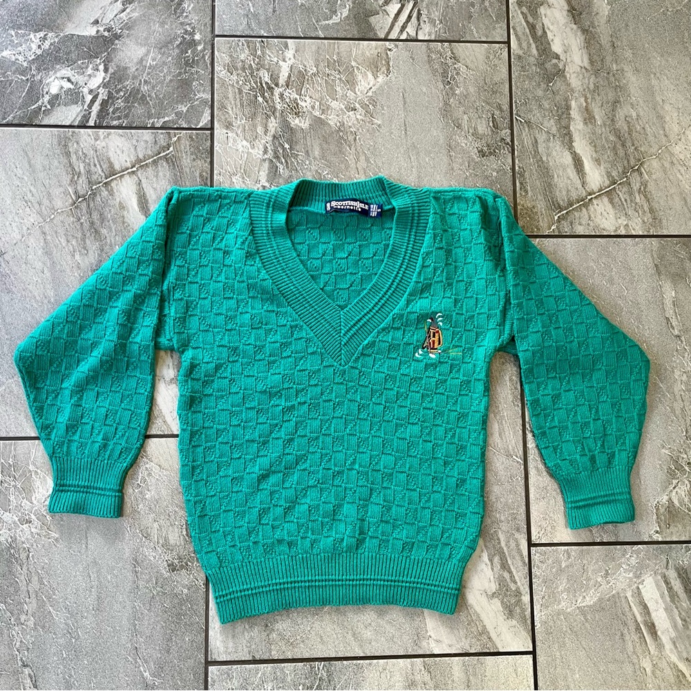Scottish Isle Vintage Golf Sweater Size Small 100% Cotton Green Embroidered